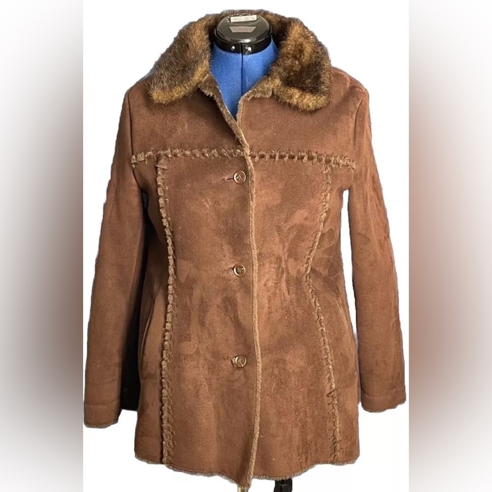 VTG PASHA & JO New York Faux‎ Suede Leather Faux Fur Jacket Sz Small Brown Vegan
